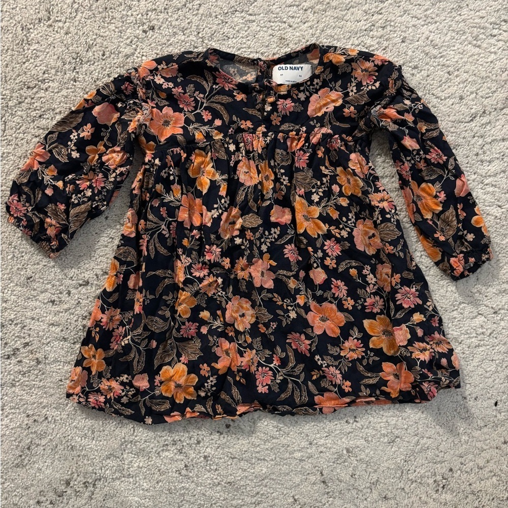 Old Navy Black Tunic Dress with Orange and Pink Floral Pattern Size 3T